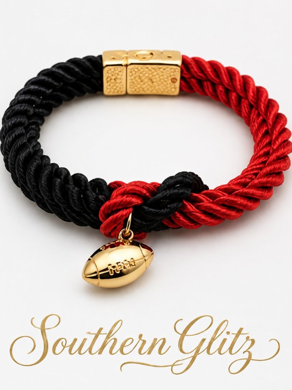 Red & Black Football Bracelet, Game Day Jewelry, Gold Football Charm Bracelet, G